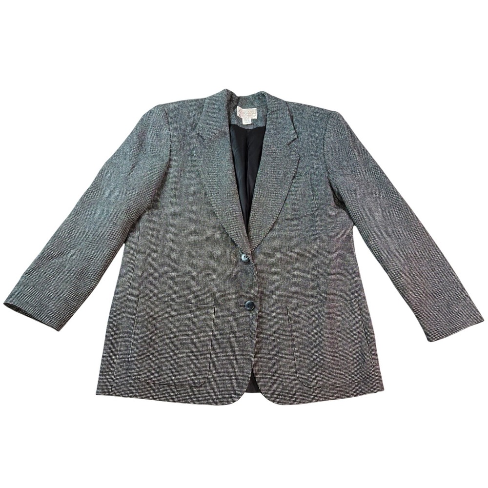VINTAGE Pendleton Wool Blazer Grey Micro Check Two Button Jacket USA Made Sz 12